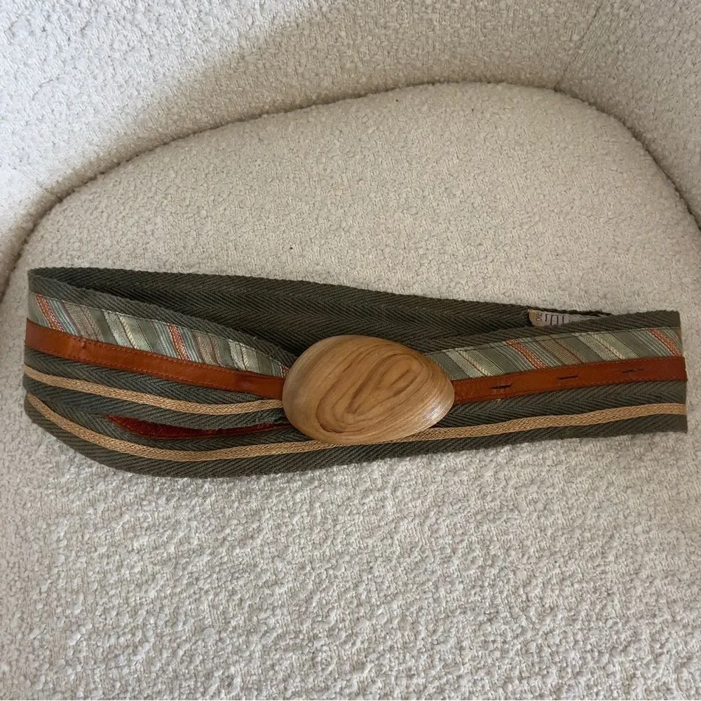 Olive Green Cotton Belt With Wooden Buckle